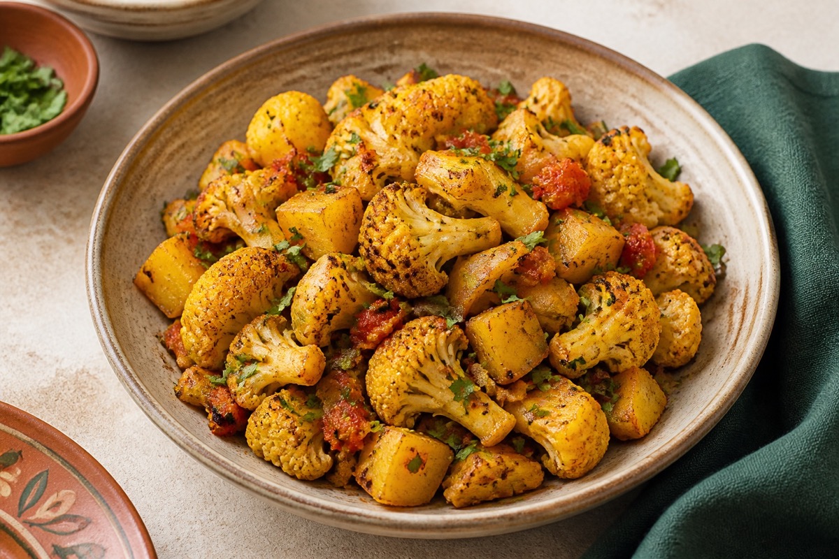 Golden roasted cauliflower and potato aloo gobi in a handmade bowl.