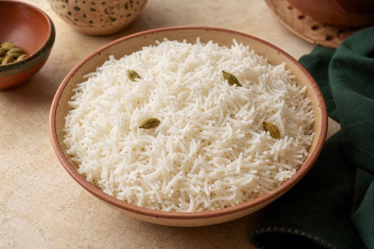 A bowl of fluffy basmati rice with separate grains and cardamom pods.