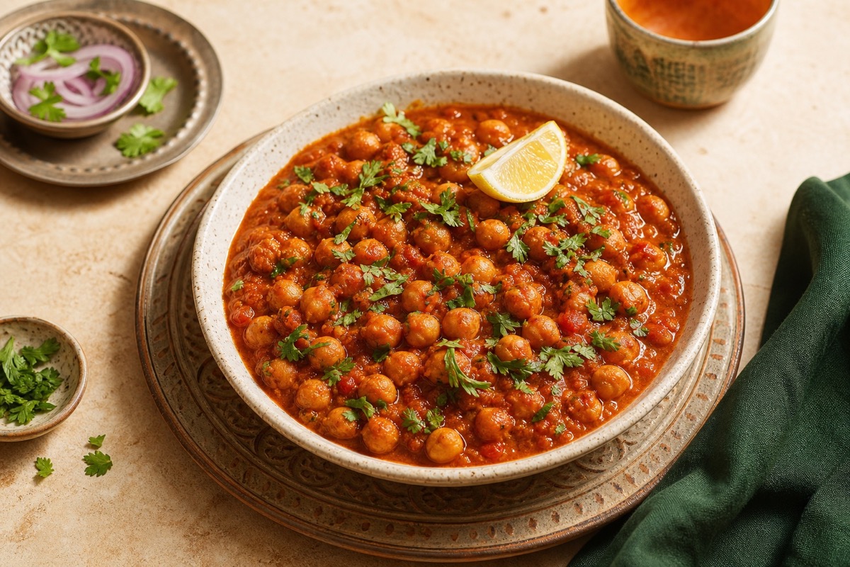 A bowl of tomato-rich chana masala topped with coriander and a lemon wedge.