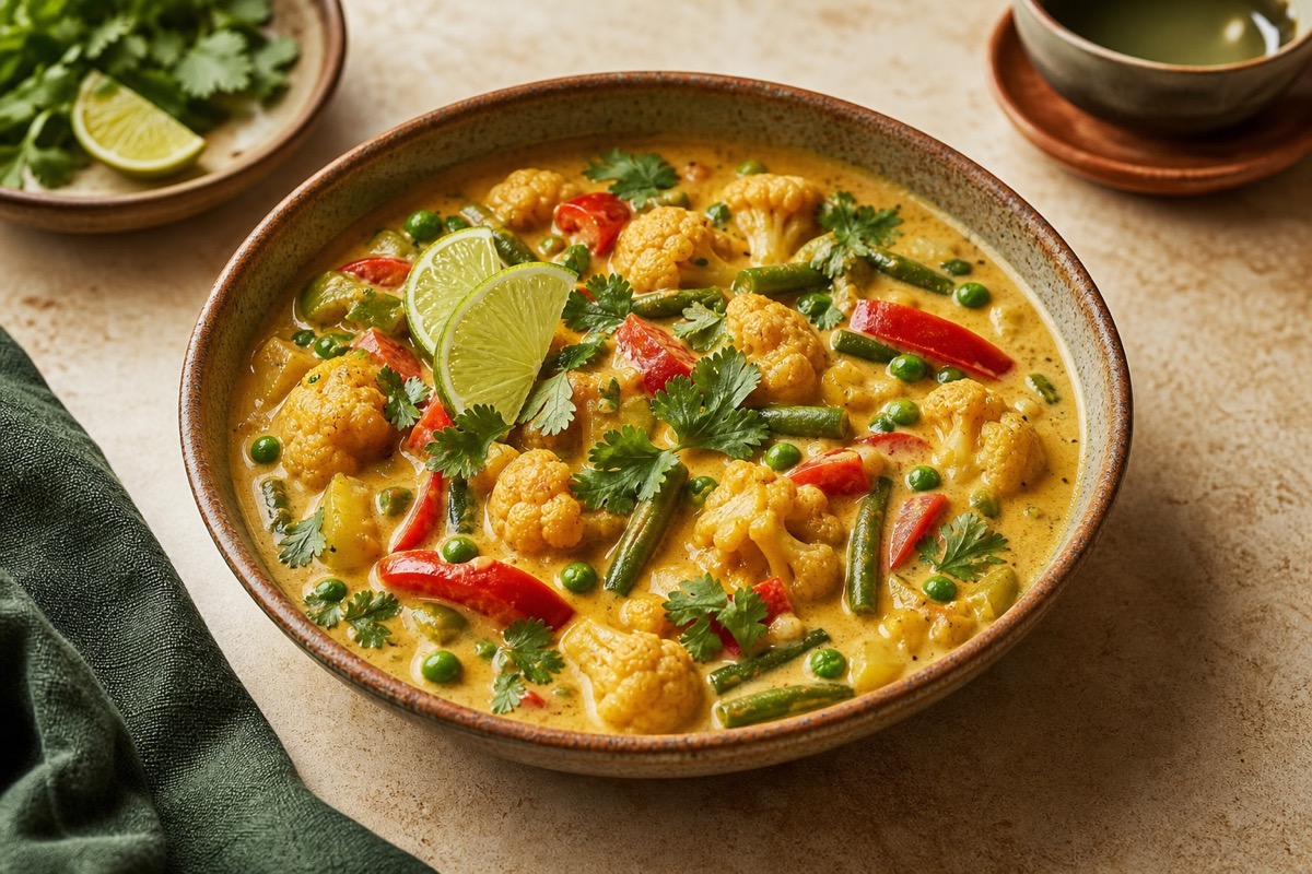A creamy coconut curry filled with cauliflower, green beans, pepper and peas.