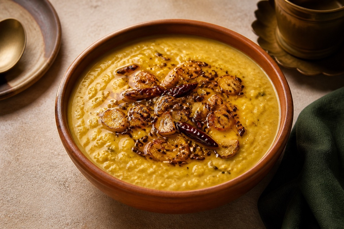 Creamy yellow dal topped with toasted garlic, cumin and dried chilli.