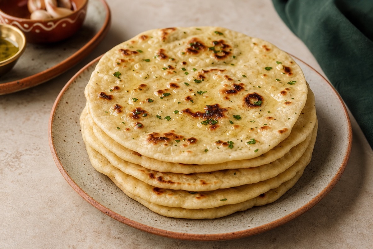 A stack of soft gluten-free flatbreads with browned spots and garlic oil.